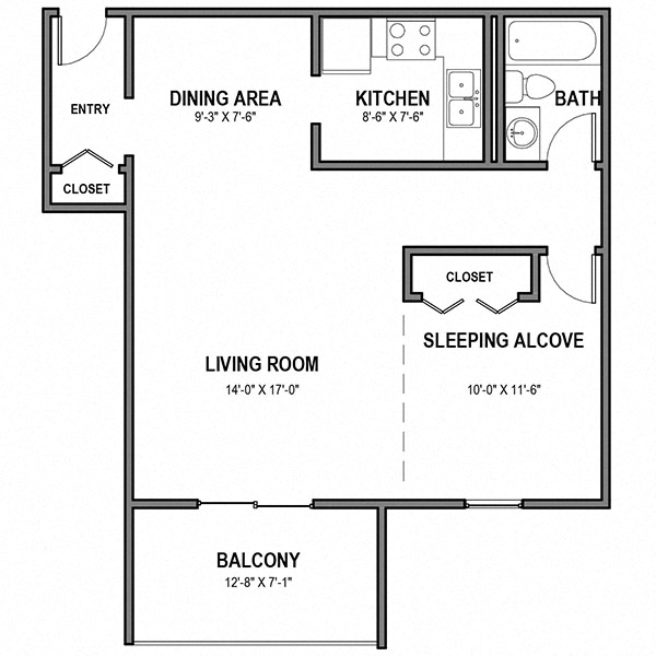 Floor plan for studio, 1 bath, 655 sqft